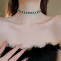 Elegant green and white crystal choker necklace shown on model for a luxurious look - 24# Choker-Green (Green-White Zirconia)
