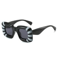 Y2K square sunglasses in black with grey radial stripes and dark tinted lenses - Zebra Striped Frame Grey Lens