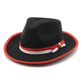 Cappello fedora in lana nera con bordo rosso e fascia decorativa con fibbia d'oro - M (56-58cm) / Nero