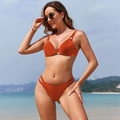 Three-piece brick red bikini set with V-neck top and hollow-out side straps beachwear - Coffee/Rust Bikini