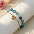 Double-layer magnet couple bracelet with blue marble beads and golden heart charm - Deep/Light Blue Bead Chain & Gold Thin Chain - Heart Pendant