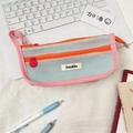 Close-up of dual-layer nylon mesh stationery bag with pink trim and orange zippers - Light Blue