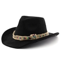 Classic black faux suede cowboy hat with ethnic braided rope detail and curved brim - M (56-58cm) / Black