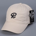 Macro shot of embroidered black letter R on cream cotton baseball cap with brand hangtag - M (56-58cm) / Beige