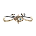 Golden Hamsa hand and Evil Eye beaded bracelet with adjustable black cord on white background - Copper Beads Black Rope Hamsa Hand