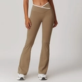 Damen Schlaghose Yoga Khaki Braun mit V-förmigem weißen Kontrast Kreuzbund Hoher Bund - Kakaobraun