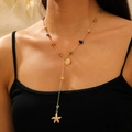 Bohemian Y-shaped gold necklace featuring colorful natural stones, sea shell and starfish - KC Gold Y-shaped Long Necklace (0560)
