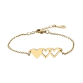 Macro shot of 18KGP engraving on the lobster clasp of a gold heart charm bracelet - B897 Triple Heart / Gold