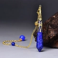 Lapis lazuli hexagonal prism pendant with gold floral cap and blue bead chain necklace - Gold Lapis Lazuli