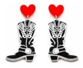 Pink glitter heart and black cowboy boot dangle earrings with red studs for Valentine's Day - Black Boots