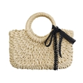 Beige woven straw handbag with a decorative black lace bow and circular handles - Off-white / Small