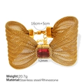 Golden bow bracelet with red rectangle zircon and mesh texture in stainless steel - True Red Rhinestone Gold Bracelet