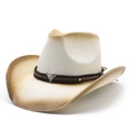 Ethnic western straw cowboy hat with painted brim and silver bull head metal buckle - M (56-58cm) / Cream Coffee