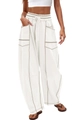 Women's white wide-leg cargo pants with contrast stitching and drawstring waist - XS / White