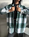 Close-up of green and blue plaid wool shirt with button collar and soft fabric texture - S / Green