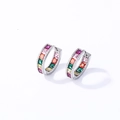 Macro shot of silver huggie earrings with colorful square-cut rainbow cubic zirconia - Silver Multicolor Zirconia