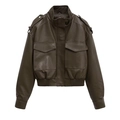 Veste tendance pour femme en similicuir marron foncé avec col montant et poches plaquées - XS / Brun
