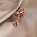 Elegant gold and red enamel leaf brooch with white pearls and sparkling rhinestones - 569#