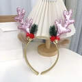 Pink sequin reindeer antler headband with golden bells and festive Christmas decor - Pink