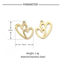 Detailed parameter view of 19mm gold stainless steel heart charms with size and weight info - VG577-Gold Small Hollow Heart