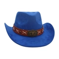 Blauer Western Cowboyhut mit braunem Lederband und metallischem Bullenkopf-Logo - Einheitsgröße / Königsblau