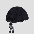 Close-up of handmade crochet cloche hat with floral detail and hanging tassels - M(56-58cm) / Black