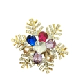 Detailed view of a gold snowflake brooch with multicolored rhinestones on a white background - Zircon Snowflake