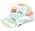 Kids white graffiti trucker hat with red mesh and colorful smile print designs - SMILE Print / White Mesh Curved Brim