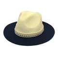 Women's straw fedora hat with elegant pearl band and navy blue wide brim for sun protection - Navy & Cream