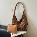 Large leopard print hobo shoulder bag with a brown PU leather zipper pouch - Leopard Brown Set