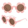 Pink matte floral kids sunglasses with round brown lenses and 6-petal flower design - C3-Pink Frame Tea Lens