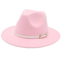 Detailed view of pink wool fedora hat featuring a white leather band and gold buckle detail - M (56-58cm) / Pink (White Belt)