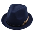 Elegante cappello fedora in lana blu scuro con fascia nera e decoro foglia in metallo oro - Blu Scuro Con Piccoli Bordi Arricciati [motivo A Spina Di Pesce] / M Taglia Unica Adulto (56-58cm)