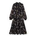 Maxikleid aus Chiffon mit Blumenmuster Stehkragen und gerafftem Stufenrock Vintage - S / Schwarz
