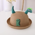 Kinder Strohhut mit 3D Plüsch Dino und passendem Cartoon Aufnäher in Grün - 52cm Umfang (2-6 Jahre) / Kaffeefarbener Hut