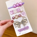 5-piece purple hair clip set with hearts, pearls, and bows on a white display card - Korean Purple (5 Piece Set)