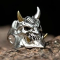 Tweekleurige gotische Prajna duivelsmasker open ring met gouden hoorns en zilveren afwerking - Hannya-masker / Zilver-Goud Mix