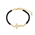 Elegant gold-plated cross bracelet with micro-set zircons on black braided cord - Cross / Black