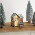 Miniature wooden Christmas cabin with LED warm light and snowy roof decoration, 8x7x9cm - Snow-Topped Wooden House - Style D