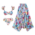 Detailed view of floral bikini set with matching sarong featuring ruffle trim and tropical print - S / Mini Ruffle Skirt Set
