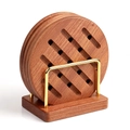 Round ebony wood coasters set with hollow stripes and gold metal storage holder stand - Ebony Receding Pattern Type B Mat Set (4 Pcs) With Base