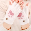 Cute white cat paw fingerless gloves with soft plush fur and pink paw print design - Large Cat Paw / White