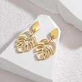 Modern 18k gold plated monstera leaf stud earrings displayed on white geometric stone - Gold Hollow Leaf Stud Earrings (E941-02-SD)