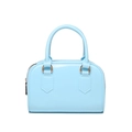 Detail view of light blue jelly Boston bag with shiny finish and gold hardware - Blue
