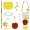 Detail of cup accessories including silicone boot, daisy lanyard, and flower charms - 7-Piece Set 12-Yellow Daisy