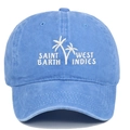 Close-up of white palm tree embroidery and Saint Barth text on washed blue cotton cap - Light Blue