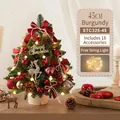 Mini albero di Natale bordeaux 45cm con luci LED e decori dorati su base legno - Base in Ceppo di Legno / 45cm / Borgogna