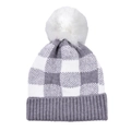 Winter knit beanie with gray buffalo plaid pattern and detachable white faux fur pompom - Adjustable / Grey and White Plaid