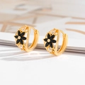 Gold-plated hoop earrings featuring black flower design and sparkling marquise zircons - Black Five-Petal Flower Huggies-EH007