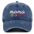 Navy blue washed cotton baseball cap featuring mama embroidery and colorful hearts - One Size / Navy Blue